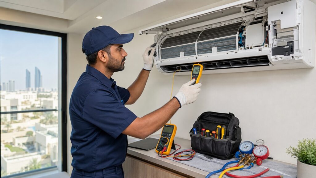 AC technician diagnosing weak cooling in a Lusail apartment