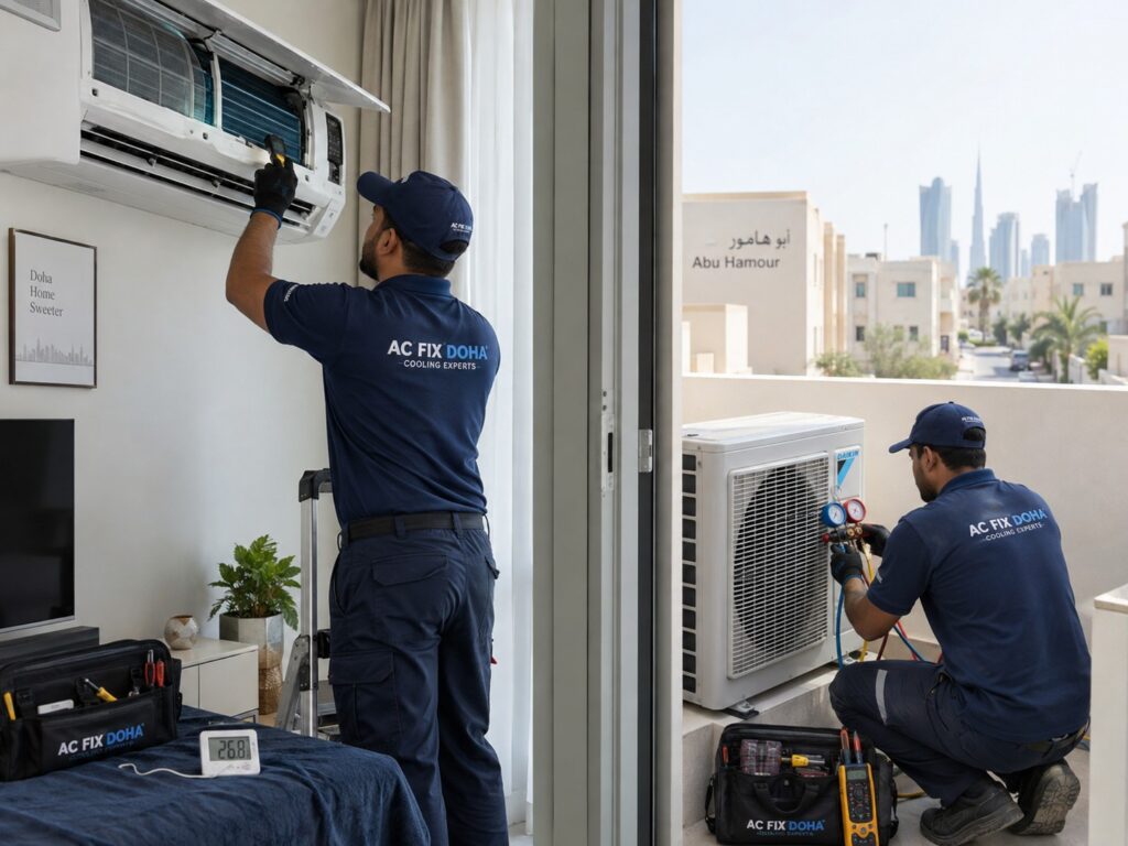 AC technicians diagnosing an emergency no-cooling fault in Abu Hamour Doha